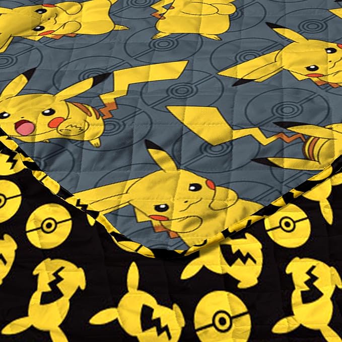 Northwest Pokemon Company Reversible Full/Queen Quilted Blanket - Pikachu & Pokeball Pattern for Anime Fans, Cozy Blanket for Bed, Game Room or Couch, 90x90 inches