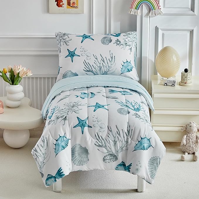 White Toddler Bedding Set for Boys Girls Water Blue Colorful Ocean Starfish Shell Aquatic Plant 4PC Toddler Bed Set - Soft Blue Cute Toddler White Bed in a Bag with Sheet Set and Pillow Shams