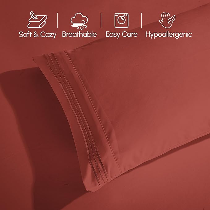 Elegant Comfort Luxurious 1500 Premium Hotel Quality Microfiber Three Line Embroidered Softest 4-Piece Bed Sheet Set, Wrinkle and Fade Resistant, Queen, Rust