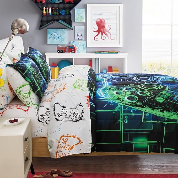 A Nice Night 5Pcs Gaming Comforter Set,Blue Green 3D Game Contoller Themed Keyboard Printing Bedding Sets for Kids Teen Boys, Reversible Comforter for All Seasons,Full