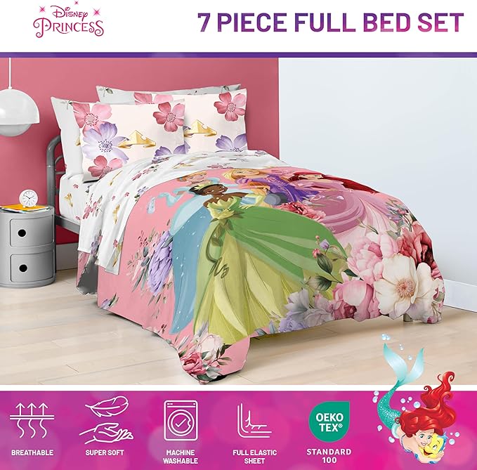 Jay Franco Disney Princess Full Size Comforter Set - 7 Piece Bedding Includes Sheet Set & Pillow Covers - Super Soft Cozy Floral Bedding with Cinderella and Ariel