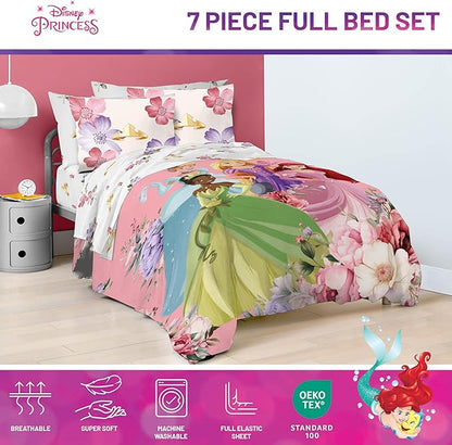 Jay Franco Disney Princess Full Size Comforter Set - 7 Piece Bedding Includes Sheet Set & Pillow Covers - Super Soft Cozy Floral Bedding with Cinderella and Ariel