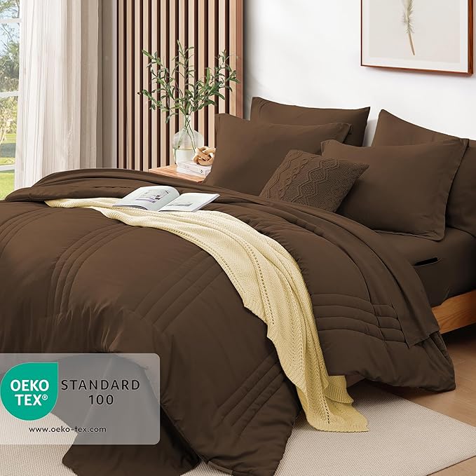 Monbix Queen Comforter Set - 7 Pieces Chocolate Brown Bed in a Bag Queen Size Bedding Sets with Comforters, All Seasons Comforter with Sheets, Pillowcases & Shams