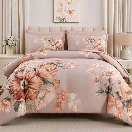 Queen Comforter Set - 7 Pieces Bed in a Bag Khaki Floral Queen Comforter Set with Sheets, Soft Microfiber Flower Complete Bedding Set for All Seasons（Khaki,90"x90"）