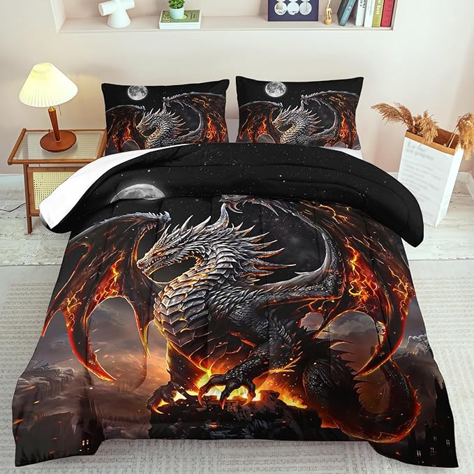 Black Dragon Comforter Set Twin Adult,Flame Dragon Bedding Set for Boys,Magical Beast Bedding Fantasy Animal Comforter Beedroom Decor,Magical Beast Quilt Bed Decor