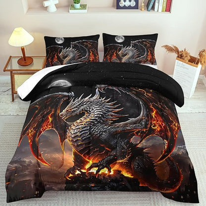 Black Dragon Comforter Set Twin Adult,Flame Dragon Bedding Set for Boys,Magical Beast Bedding Fantasy Animal Comforter Beedroom Decor,Magical Beast Quilt Bed Decor