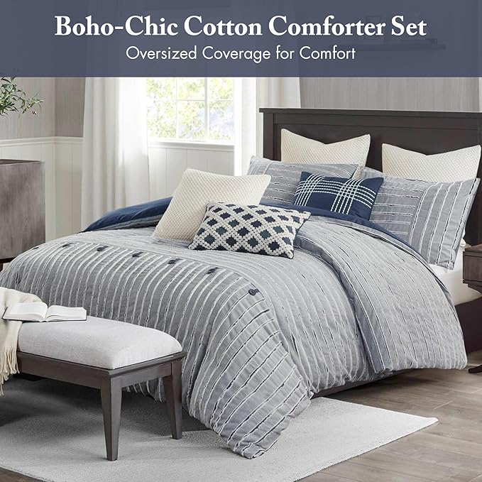 Madison Park Queen Comforter Cotton Clipped Jacquard, Oversized Comforters Queen Size Bed, All Season Down Alternative Overfilled Queen Size Comforter, Essence, Full/Queen, Blue 8 Piece