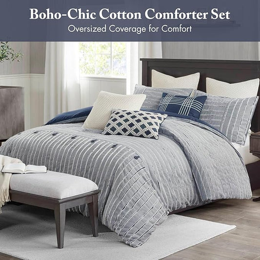 Madison Park Queen Comforter Cotton Clipped Jacquard, Oversized Comforters Queen Size Bed, All Season Down Alternative Overfilled Queen Size Comforter, Essence, Full/Queen, Blue 8 Piece