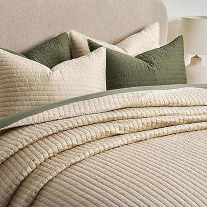 EVERGRACEHOME Cotton Sateen Quilt Set King Size, Pre-Washed Cotton Channel Stitch Coverlet Bedspread, 3 Pieces Lightweight Soft Bedding Sets for All Season, with 2 Pillow Shams, Light Sand
