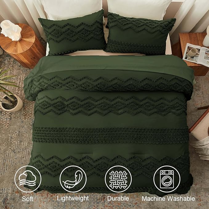 Luxudecor Olive Green Boho Tufted Comforter Set King Size 3 Pieces Boho Shabby Chic Comforter Farmhouse Embroidery Bedding Set Soft Comforter for All Seasons (Olive Green, 104''x90'')