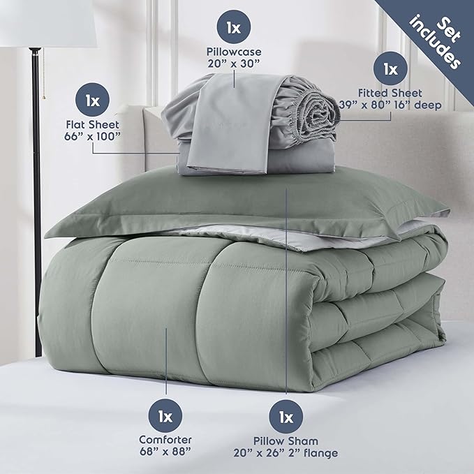 Nestl 5 Piece Twin XL Comforter Set – Sage Green Reversible Bed in a Bag – Complete Twin XL Size Bedding Set with Sheets, Pillowcase and Sham