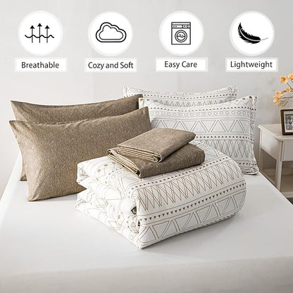 WONGS BEDDING 7 Pieces Khaki Comforter Set Boho Bed in a Bag King Size,Geometric Striped Comforter Reversible Soft Microfiber Bedding Set with Pillowcases,Flat Sheet,Fitted Sheet,Pillow Shams