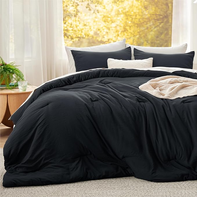 Bedsure Super King Comforter Set, Black Soft Prewashed Bedding for All Seasons, 3 Pieces GentleSoft™ Bed Set, 1 Lightweight Comforter (120"x120") and 2 Pillowcases (20"x36")