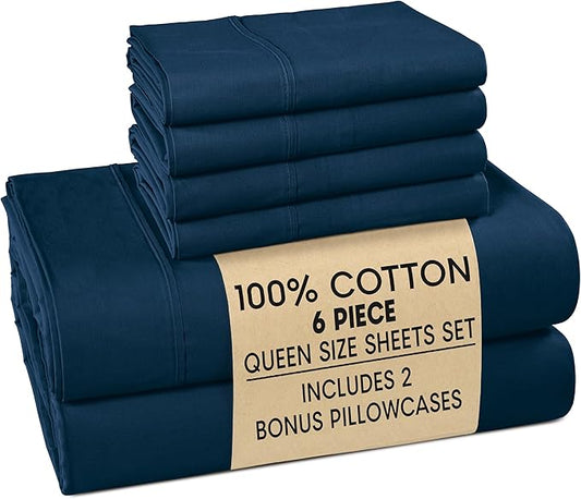 Casa Platino Queen Sheets Set – 100% Cotton Bed Sheets Queen, Breathable & Crisp Percale 6 Piece Set, 15" Deep Pocket for A Secure Fit, Ultra Soft & Cozy, Fit – Navy Blue