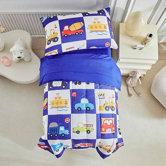 White Navy Toddler Bedding Set for Boys Girls Colorful Cars Vehicle Auto Fire Engine Bulldozer 4PC Toddler Bed Set - Soft Cute Toddler Plaid Patchwork Bed in a Bag with Sheet Set and Pillow Shams