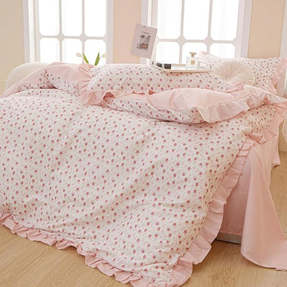 HighBuy Ruffled Comforter Set Full White Pink Floral Bedding Comforters Comfy Soft for Girls Boy Coquette Cottagecore Stripes Bedding Comforter Set 1 Fluffy Ruffle Comforter with 2 Pillowcases