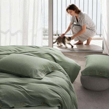 JELLYMONI Cotton Duvet Cover Twin Size - Sage Green Comforter Cover with Button 100% Washed Cotton 2PCS Breathable Soft Solid Bedding Set Duvet Cover 68×90in & 1 Pillowcases (NO Comforter)