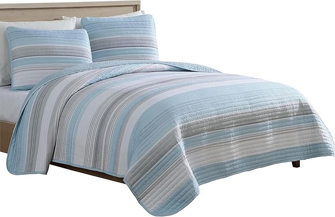 Beatrice Home Fashions Coralinn Striped 3-Piece Quilt Set, Lightweight, All-Seasons, Full/Queen, Blue Gray