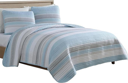 Beatrice Home Fashions Coralinn Striped 3-Piece Quilt Set, Lightweight, All-Seasons, Full/Queen, Blue Gray