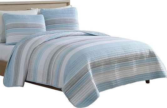 Beatrice Home Fashions Coralinn Striped 3-Piece Quilt Set, Lightweight, All-Seasons, Full/Queen, Blue Gray