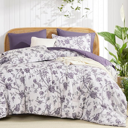 Luxudecor Floral Comforter Set King Size 7 Pieces, Purple Flower with Bird Bed in a Bag, Soft Reversible Comforter with Sheet Bed Set 104"x90"