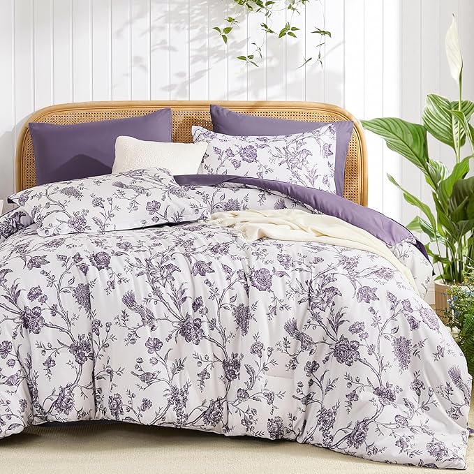 Luxudecor Floral Comforter Set Queen Size 7 Pieces, Purple Flower with Bird Bed in a Bag, Soft Reversible Comforter with Sheet Bed Set 90"x90"