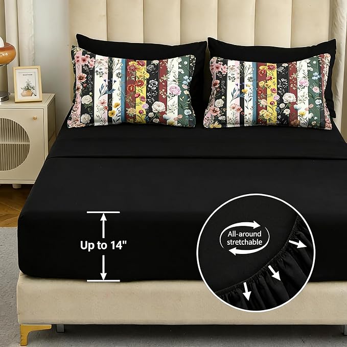 Vintage Black Floral King Size Bed in A Bag for Girls, 7Pcs Stripe Patchwork Comforter Set for Farmhouse Country Bedroom Decor, Black Botanical Quilted Bedding with 2 Pillowcases, 104"x90"
