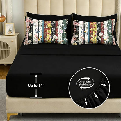 Vintage Black Floral King Size Bed in A Bag for Girls, 7Pcs Stripe Patchwork Comforter Set for Farmhouse Country Bedroom Decor, Black Botanical Quilted Bedding with 2 Pillowcases, 104"x90"