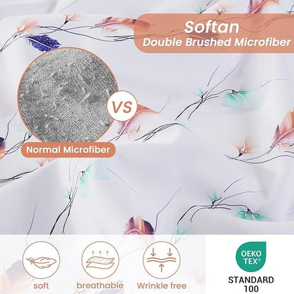 Softan Floral Full Sheet Set, Cozy Microfiber Pastel Blooms Printed Fitted Bed Sheet with 15" Deep Pockets & Non-Slip Straps, Feather Patterned Sheets & Pillowcase Set