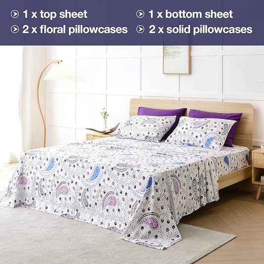 JSD 6 Piece Purple Paisley Sheet Set Queen Size, Soft Printed Microfiber Sheets with 4 Pillowcases Deep Pocket