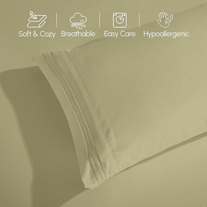 Elegant Comfort Luxurious 1500 Premium Hotel Quality Microfiber Three Line Embroidered Softest 4-Piece Bed Sheet Set, Wrinkle and Fade Resistant, Full, Sage-Green