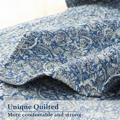 DURLENGEN Quilt Set California King Size 3Pcs,Soft Microfiber Lightweight Bedspread,Blue & Green Paisley Floral Geometric Pattern Coverlet for All Season Layering(Cal King 112x104,Paisley Blue)