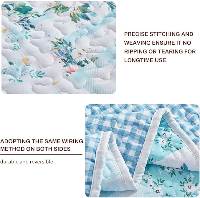 Joyreap 3 Pieces Floral Patchwork Quilt Set King, Blue n White Flowers Design, Soft n Cozy Microfiber Quilt, Bedspread Bed Cover for All Season, 1 Quilt and 2 Pillow Shams- 102x90 inches