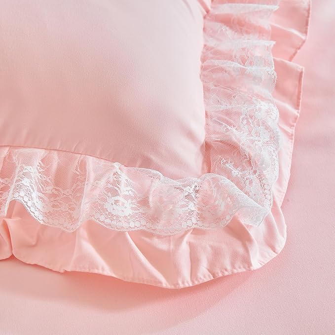 Joyreap Twin Size Comforter Set Blush Pink, 3pcs Lace Ruffled Bedding Comforter Set, Microfiber Vintage Boho Chic Bedding Set for All Season- 68x88 inches