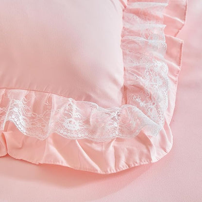 Joyreap Queen Size Comforter Set Blush Pink, 3pcs Lace Ruffled Bedding Comforter Set, Microfiber Vintage Boho Chic Bedding Set for All Season- 88x88 inches