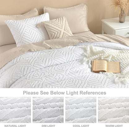Litanika Oversized King Comforter Set White, 3 Pieces Tufted Boho Farmhouse Bedding Comforter Set, Lightweight Fluffy All Season Comforter Set (120x98In Comforter & 2 Pillowcases)