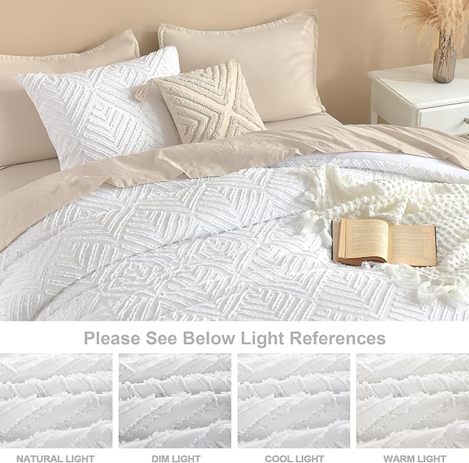 Litanika Oversized Queen Comforter White, 3 Pieces Tufted Boho Farmhouse Bedding Comforter Set, Lightweight Fluffy All Season Comforter Set (98x98In Comforter & 2 Pillowcases)