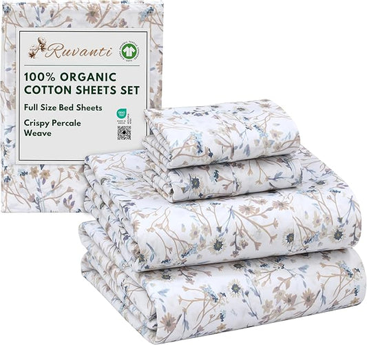 RUVANTI 100% Organic Cotton Sheets Full Size, Percale Weave, GOTS Certified, 4-Piece Set, Deep Pocket 15", Crisp & Breathable, Soft Durable Bedding, Sábanas Algodón Orgánico – Tranquil