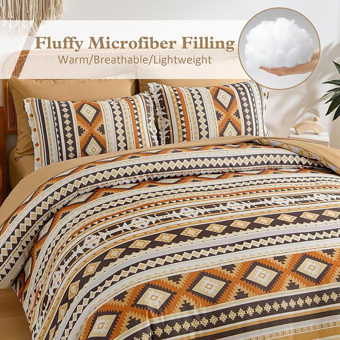 Dinjoy Comforter Set Queen Size Boho,Yellow Brown 7 Pieces Bed in a Bag Queen Fall Bedding Sets Aztec Comforters with Sheets Western Striped Complete Set for Winter Family 90"x90"