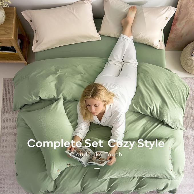 JELLYMONI 100% Washed Cotton Duvet Cover Queen – Soft, Breathable Linen-Look Bedding with Natural Wrinkle Texture, Button Closure, 3-Piece Set (Mint Green, 90"x90")