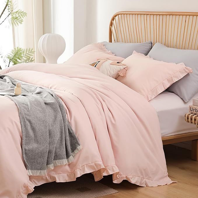 JANZAA Full Size Comforter Pink Comforter Set 3PCS 1 Ruffled Comforter Set and 2 Pillow Cases Blush Pink Bed Set Vintage Farmhouse Shabby Chic Bedding Soft All Season
