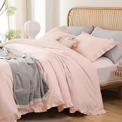 JANZAA Bedding Set, Blush Ruffle 3PCS (1 Comforter Set and 2 Pillow Covers) All Season, Shabby Chic, Vintage, Polyester, King, Soft