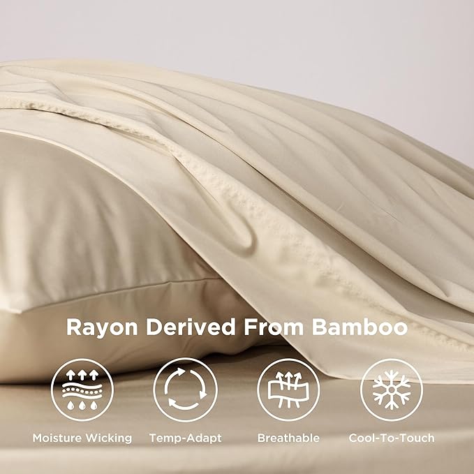 Bedsure Cooling Sheets Twin XL, Rayon Derived from Bamboo, PureWoven, Breathable & Soft Twin XL Sheet Sets, Deep Pocket Up to 16 Inches, Hotel Luxury Silky Dorm Bedding for Hot Sleepers, Beige