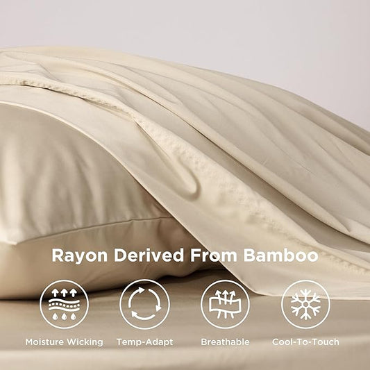 Bedsure Cooling Sheets Twin XL, Rayon Derived from Bamboo, PureWoven, Breathable & Soft Twin XL Sheet Sets, Deep Pocket Up to 16 Inches, Hotel Luxury Silky Dorm Bedding for Hot Sleepers, Beige