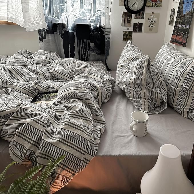 mixinni Washed Cotton Duvet Cover Twin Set - 3 Piece Gray & White Striped Bedding with Pillowcases | Vintage Industrial Style | 100% Cotton Soft Breathable-Twin Size