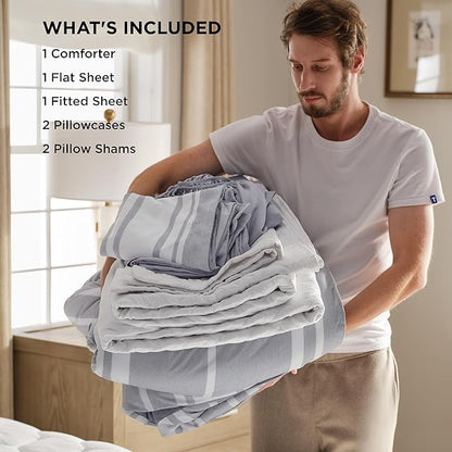 Bedsure King Comforter Set 7 Pieces, Grey Striped Bedding Set for All Seasons, Reversible, Cationic Dyeing Bed in a Bag with Comforter, Sheets, Pillowcases & Shams