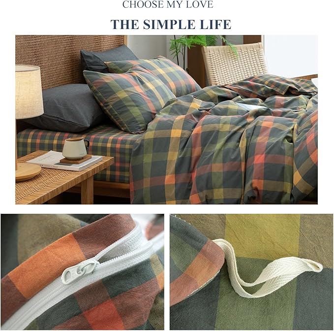 VM VOUGEMARKET Washed Cotton Bedding Set King Colorful Plaid Duvet Cover Set 3 Pieces Orange Grey Green Grid Duvet Cover with Zipper Ties for Men Women-104x90 Inch