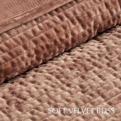 EVERGRACE Velvet Quilt Set Queen Size, Luxurious Soft Quilted Bedding Sets, Lightweight Velvet Comforter for All Season, Striped Channel Bedspread Coverlet with 2 Shams, Terracotta Clay
