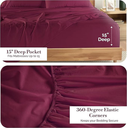 Casa Platino Split King Size Sheet Set – 7 Piece Cooling Sheets Split King Size 100% Cotton Crisp Percale Sheets with Breathable & Cozy Feel, 15" Deep Pocket Fitted Sheet for Secure Fit – Windsor Wine