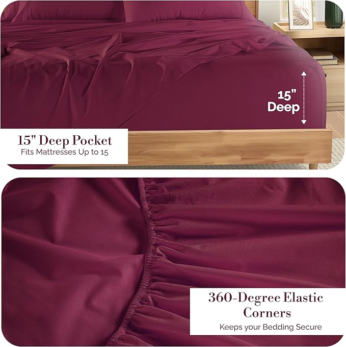 Casa Platino King Size Sheet Set – 6 Piece Cooling Sheets King Size 100% Cotton Crisp Percale Sheets with Breathable & Cozy Feel, 15" Deep Pocket Fitted Sheet for Secure Fit – Windsor Wine